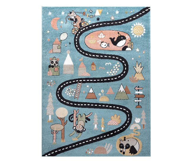 Alfombra FUN Route para niños calle animales 140x190 Azul