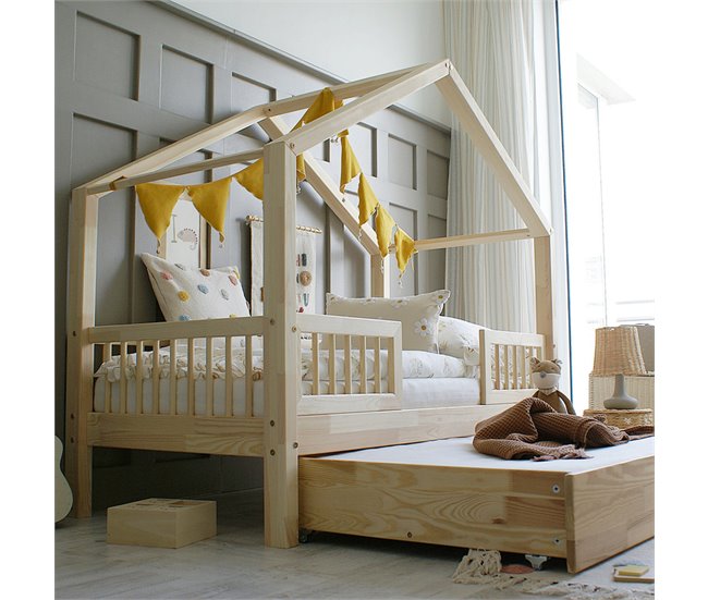 Cama con barandilla somier y cajón Iris Madera