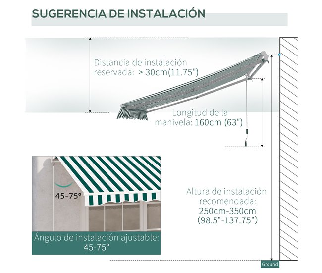 Toldo Manual Plegable Tela de poliéster, aluminio Outsunny 295x250 Verde