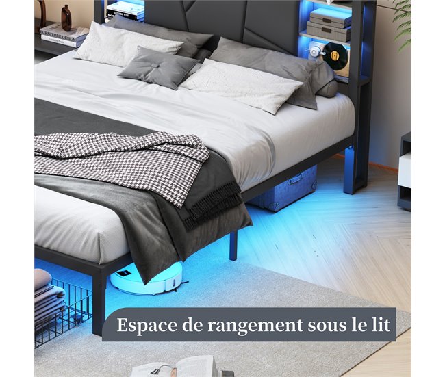 Cama doble con USB, 2 cajones, cabecero PU y LED Negro