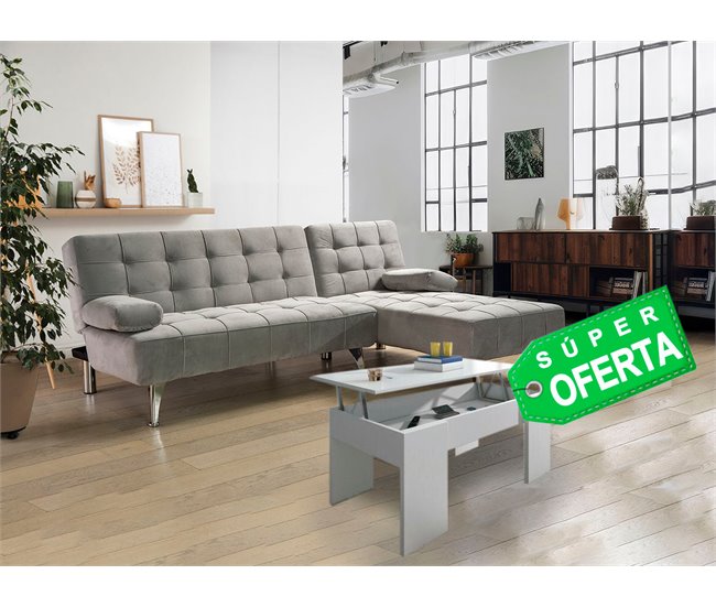 Oferta: Sofa Cama Chaise Longue XS + Mesa de Centro Elevable Azul