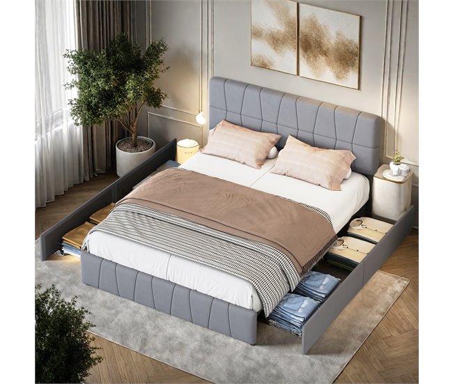 Cama, 4 cajones, cama doble, cama para adolescentes 164x209 Gris