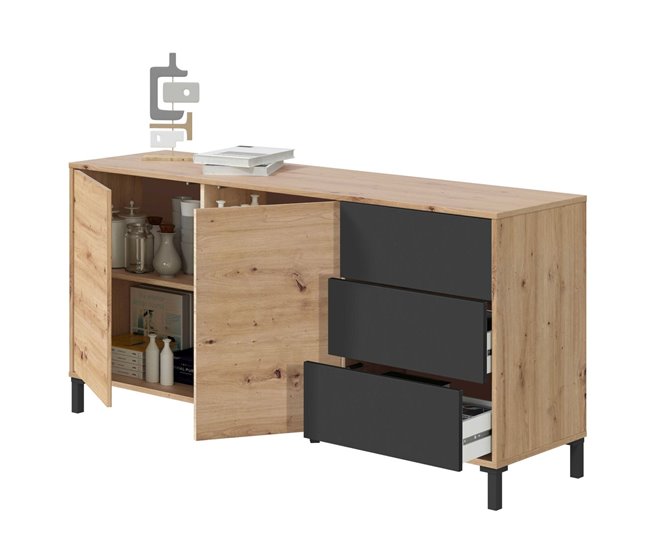 Aparador Brooklyn 2 Puertas y 3 Cajones. Muebles Salon o Comedor Negro/ Madera