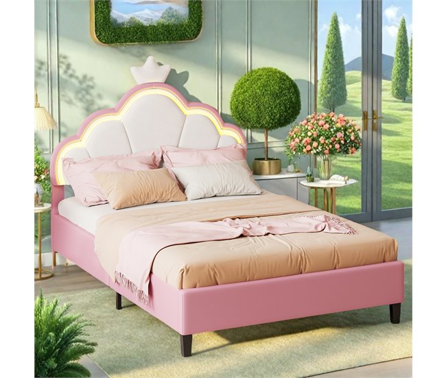 Cama, LED, Cama infantil, Cama juvenil, Cama doble 94x203 Rosa