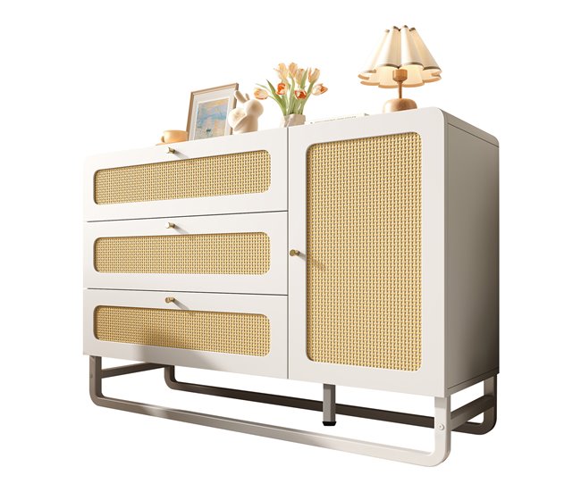 Aparador con 1 puerta y 3 cajónes Natural/ Blanco