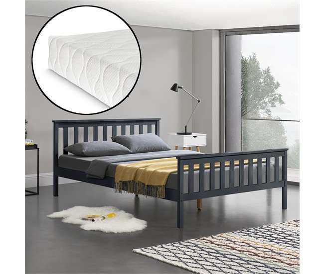 Cama Doble Hellnar de Pino - con Listones Colchón Reposacabezas 188x208 Gris Oscuro