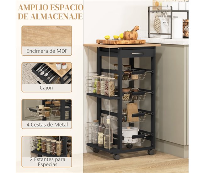 Carrito de Cocina MDF, Metal HOMCOM, hogar - cocina Negro