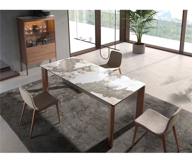 ANGEL CERDA Mesa comedor extensible rectangular mármol porcelánico y nogal 200x90 Natural/ Blanco