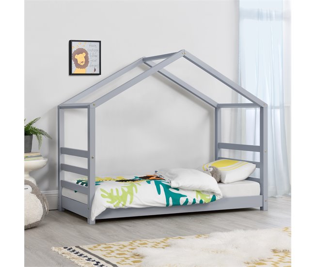 Cama para niños Vardø con somier - Forma de casa - pino 78x146 Gris