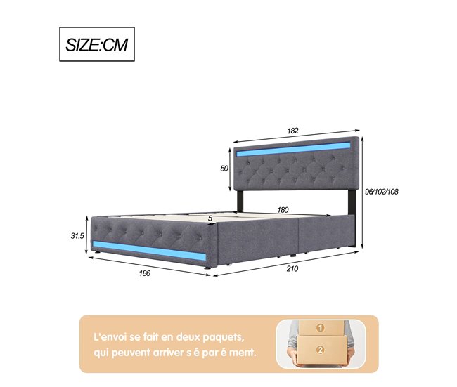 Cama tapizada, LED, 4 cajones, USB 186x210 Gris