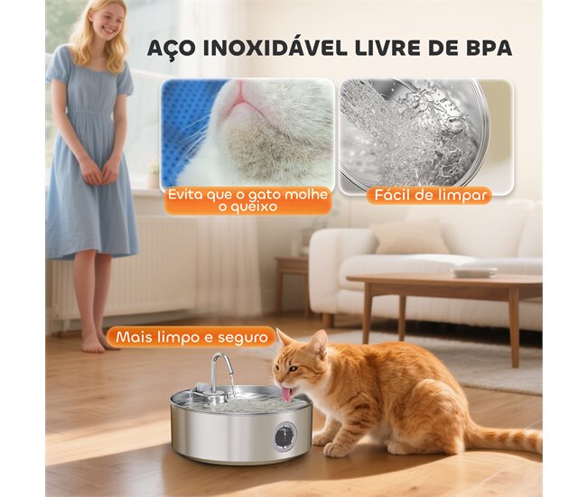 Fuente Agua Mascotas Acero Inoxidable 304 PawHut Gris
