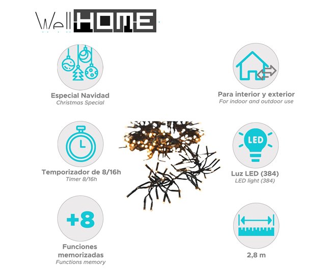 Guirnalda Clúster de 384 LED cálido con controlador 8 funciones Dorado