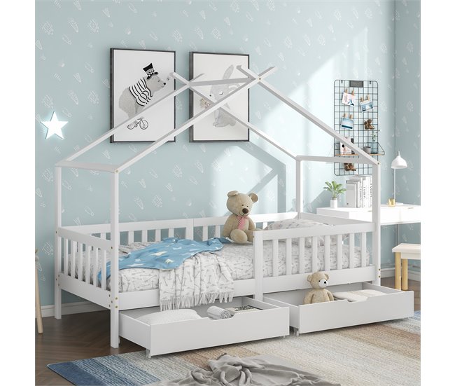 Cama cabaña infantil de madera maciza con 2 cajónes Blanco