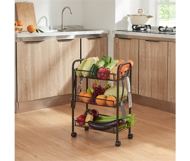 [en.casa] Carrito de cocina Tromsø con 3 cestas acero Negro