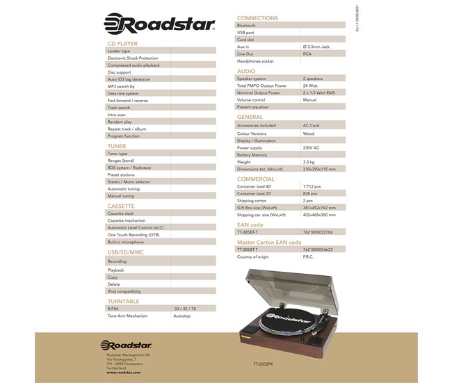 Tocadiscos Roadstar TT-260SPK Madera