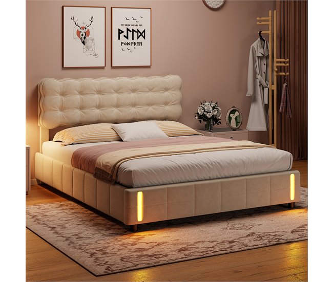 Cama tapizada, luces LED, espacio de almacenamiento Beige