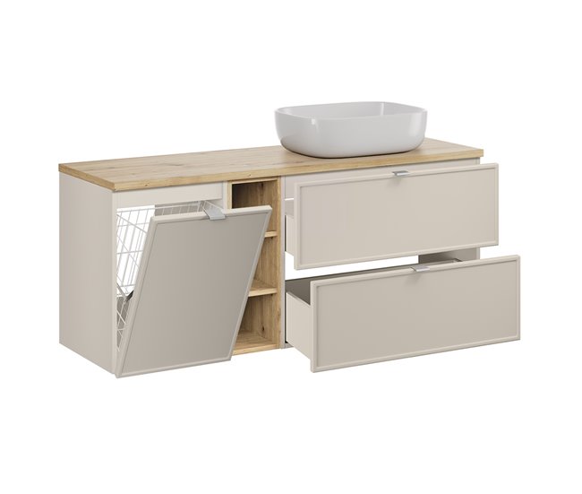 Conjunto muebles con lavabo 3 compartimientos cesto y columna Alba 140 Beige