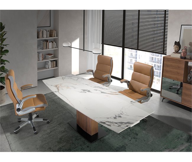 ANGEL CERDA Mesa comedor extensible ovalada barril mármol porcelánico y nogal 240x100 Nogal