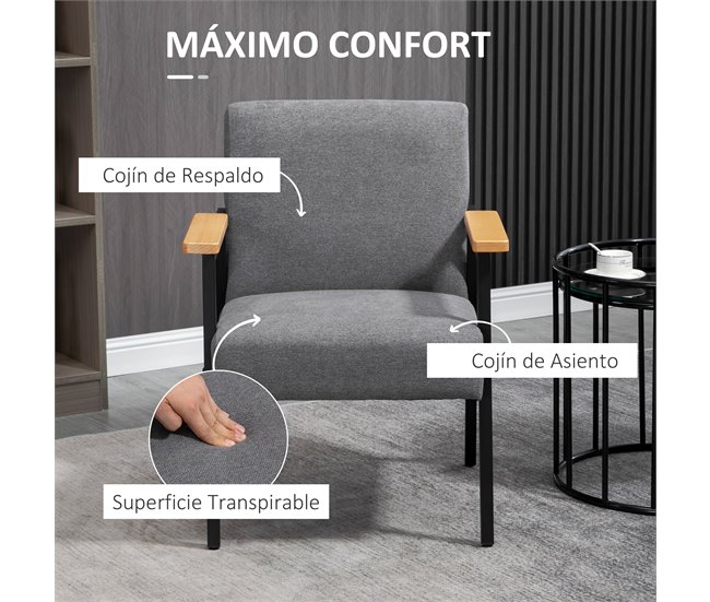 Butaca de Salón Poliéster, Espuma, Acero, Madera de Caucho HOMCOM Gris