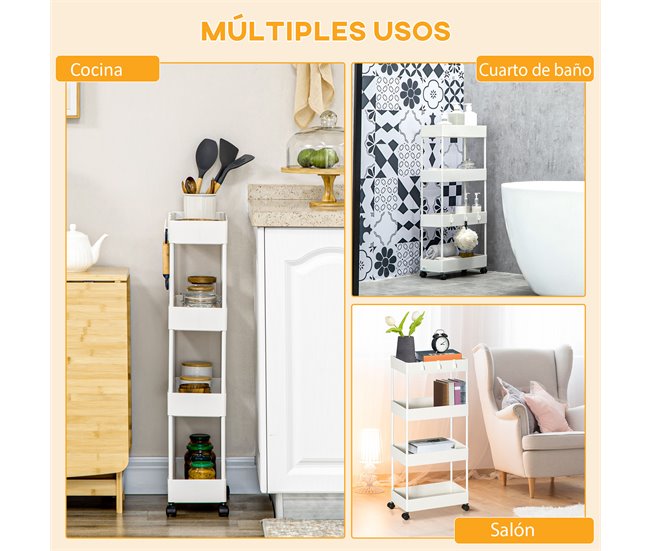 Carrito Auxiliar Acero, ABS HOMCOM, hogar Blanco