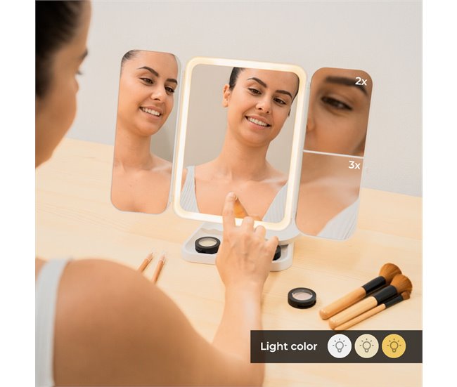 Espejo de Maquillaje Tríptico Recargable con Aumento y Luz LED Blanco
