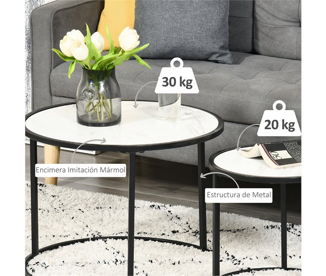 Juego de 2 Mesas Auxiliares Acero y MDF HOMCOM 60x60 Blanco