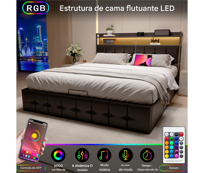 Cama doble con puerto USB, LED y almacenaje. Negro