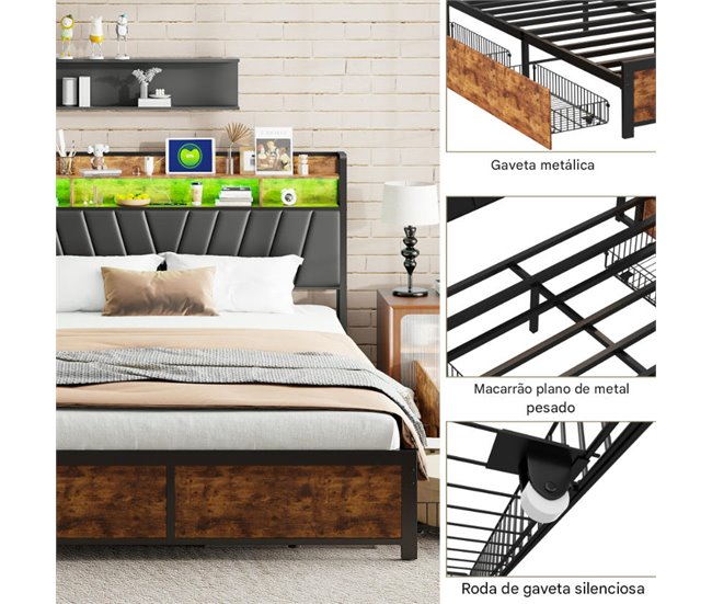 Cama de metal, USB, LED, 4 cajones 160x217 Multicolor