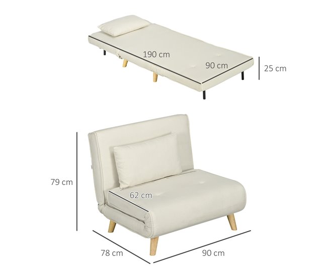 Sofá Cama Individual Poliéster, Espuma HOMCOM Crudo