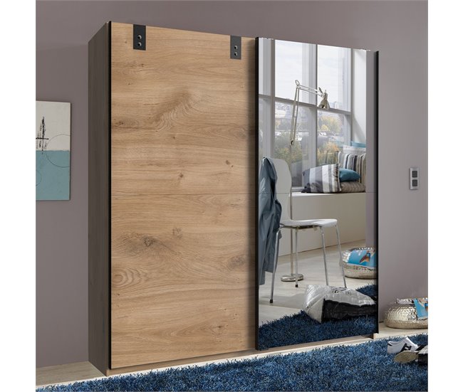Armario 2 puertas correderas 1 puerta espejo + 1 puerta roble - L180 cm Beige