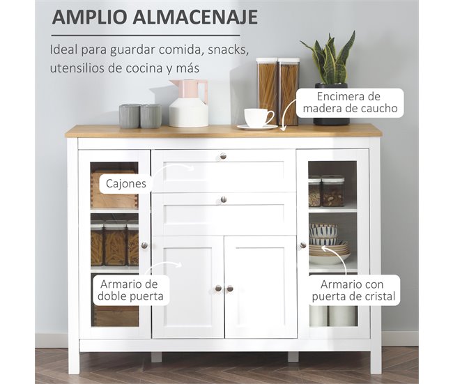 Aparador de Cocina MDF, Vidrio Templado HOMCOM 120 Blanco
