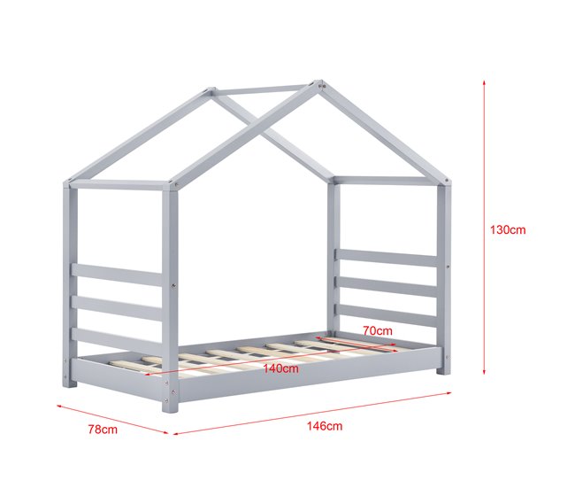 Cama para niños Vardø con somier - Forma de casa - pino 78x146 Gris