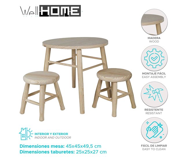 WELL HOME - Conjunto infantil (Mesa + 2 taburetes) en madera de pino Marron