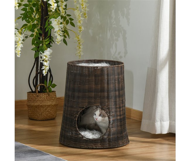 Cesta de Mimbre para Gatos Ratán PE, Metal y Poliéster PawHut Marron
