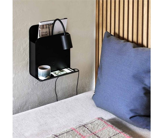 Aplique revistero con USB y repisa Roomi Metal  Nórdico Negro