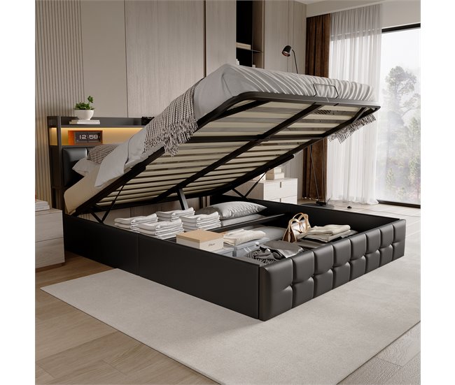 Cama doble con puerto USB, LED y almacenaje. Negro
