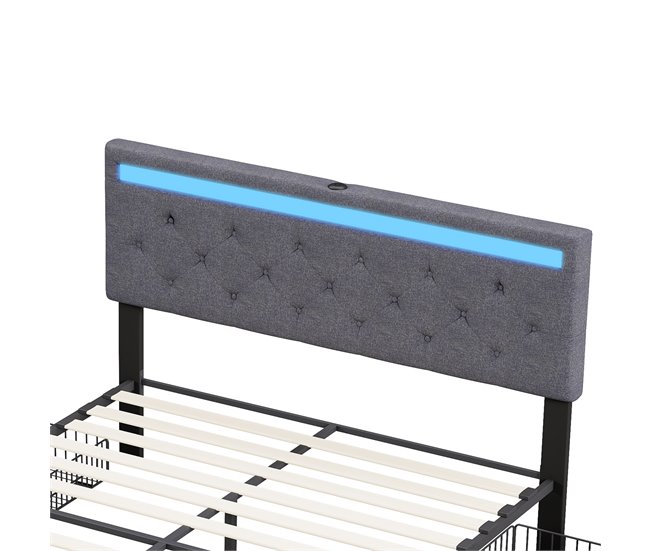 Cama doble, LED, USB, 4 cajones 162x210 Gris