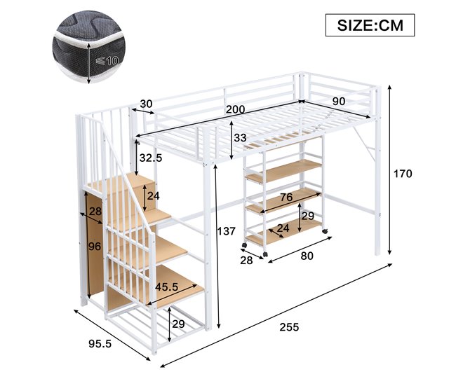 Cama alta de metal Natural/ Blanco