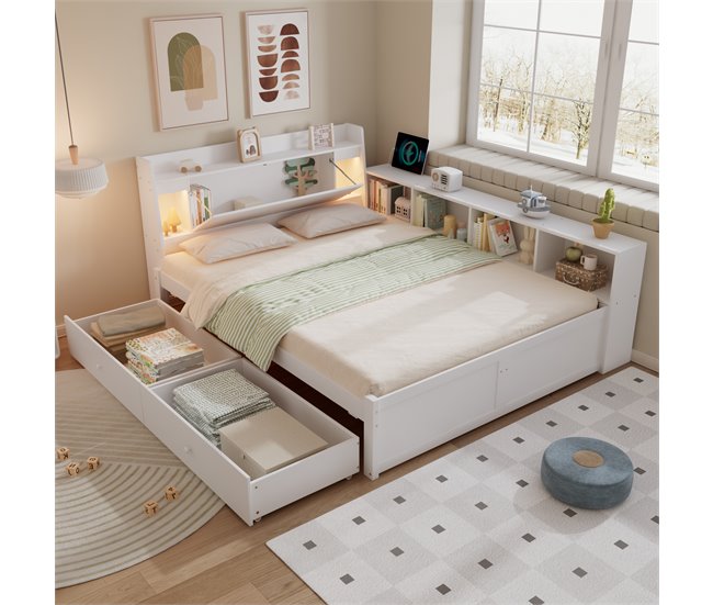 Cama juvenile de madera de pino con 2 cajónes 163x220 Blanco