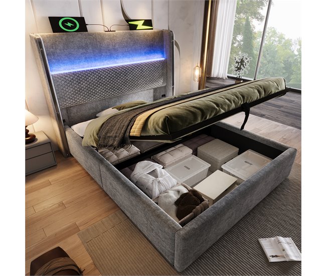 Cama con almacenaje de lino Gris