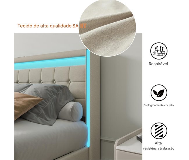 Cama, USB, cabecero LED, cama para adolescentes 148x213 Beige