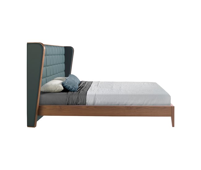Cama matrimonio tapizada en polipiel  y madera chapada en nogal Verde Oscuro