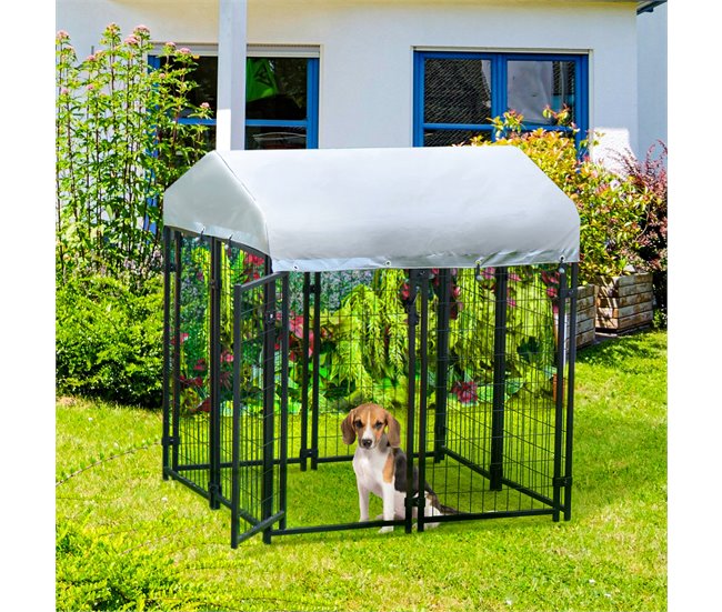 Perrera de Exterior Metal, PE PawHut Negro