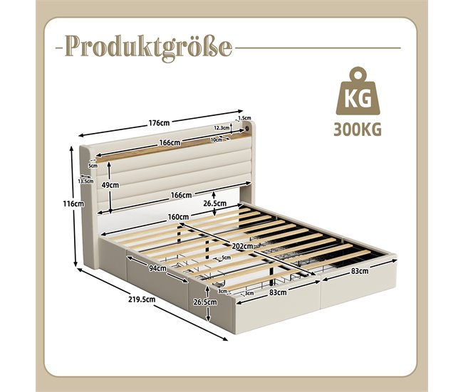 Camas de matrimonio 176x219 Beige