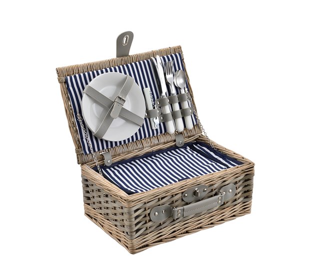 [casa.pro] Cesta de pícnic para 2 personas con nevera, cubiertos Blanco/ Azul