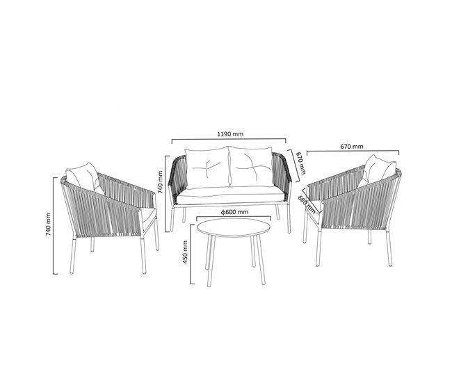 Set jardín MIKA sofá 2 plazas, 2 sillones y mesa de centro Beige