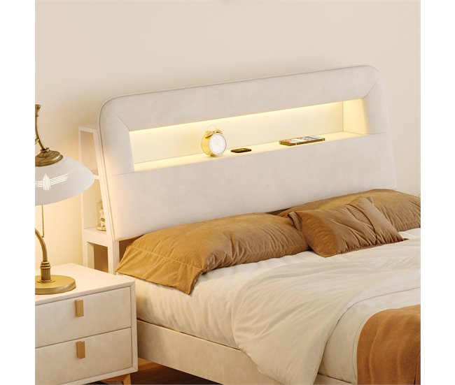 Cama tapizada, LED, USB, 2 cajones Beige