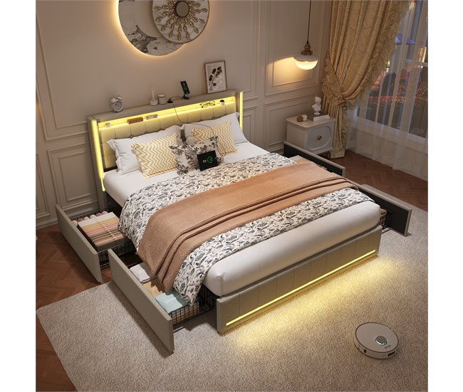 Cama, USB, cabecero LED, cama para adolescentes 148x213 Beige