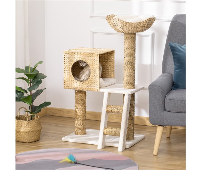 Árbol para Gatos Aglomerado de Madera, Totora, Poliéster PawHut Marron