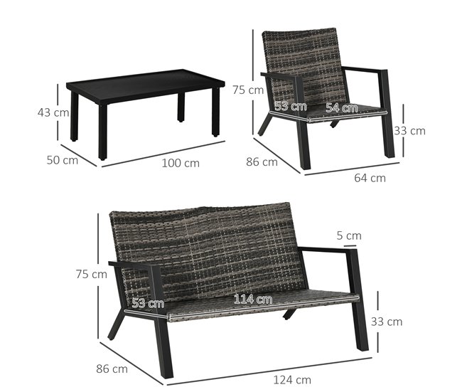 Muebles de Ratán Ratán PE, Poliéster, Espuma, Metal Outsunny Negro